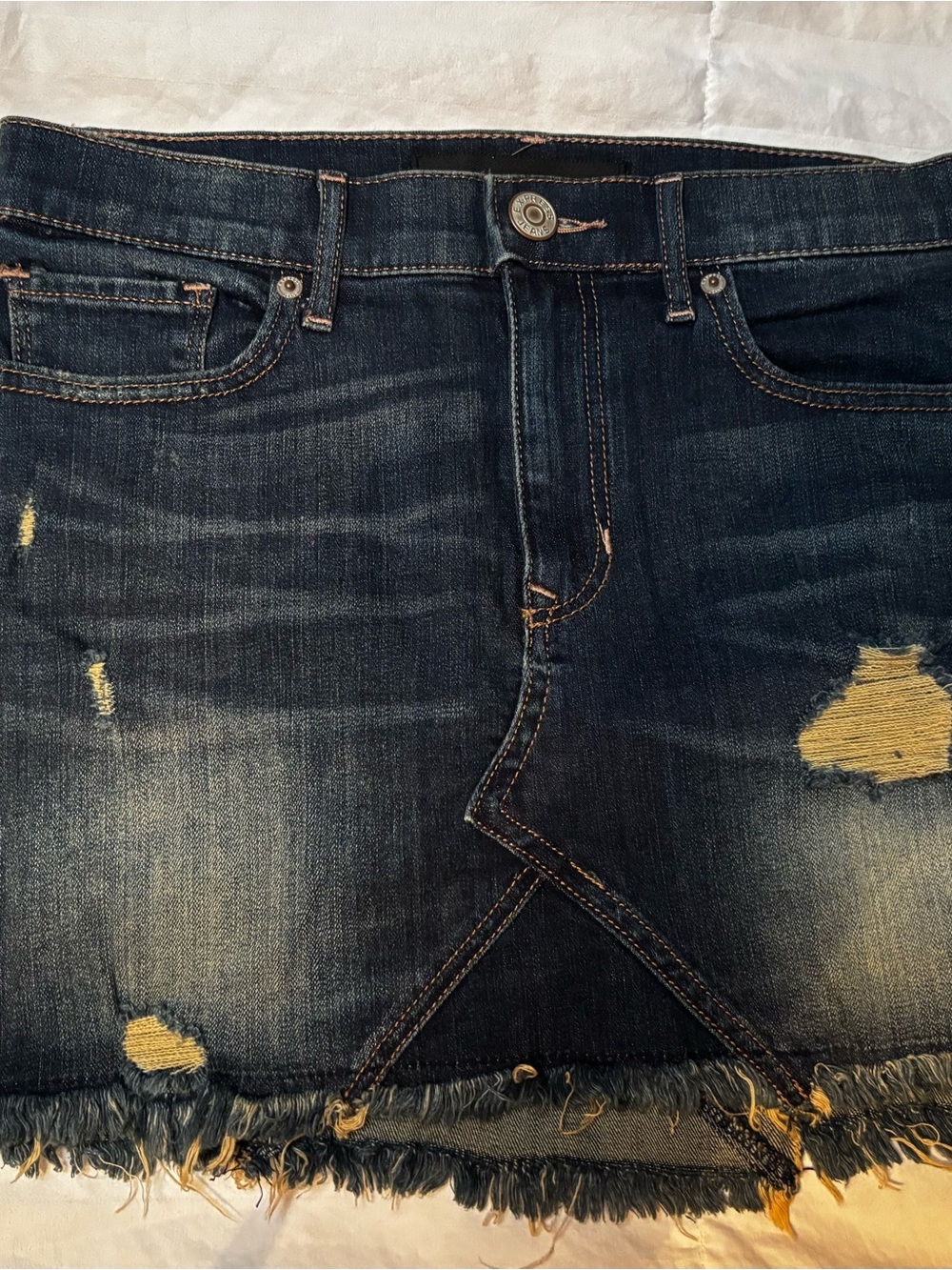 Express Dark Blue Distressed Denim Mini Skirt with Frayed Hem